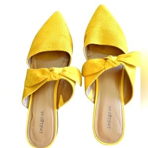 Yellow/Mustard Indigo Flats, Micro Suede, Bow, Size 12, Good Condition.